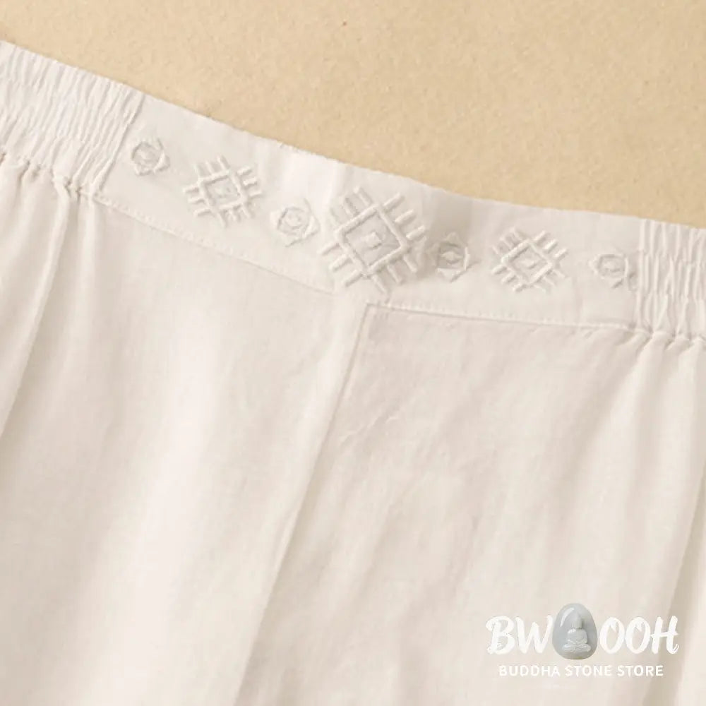 Buddha Stones Geometric Embroidery Elastic Waist Women’s Cotton Linen Wide Leg Pants With Pockets - Women’s Wide Leg