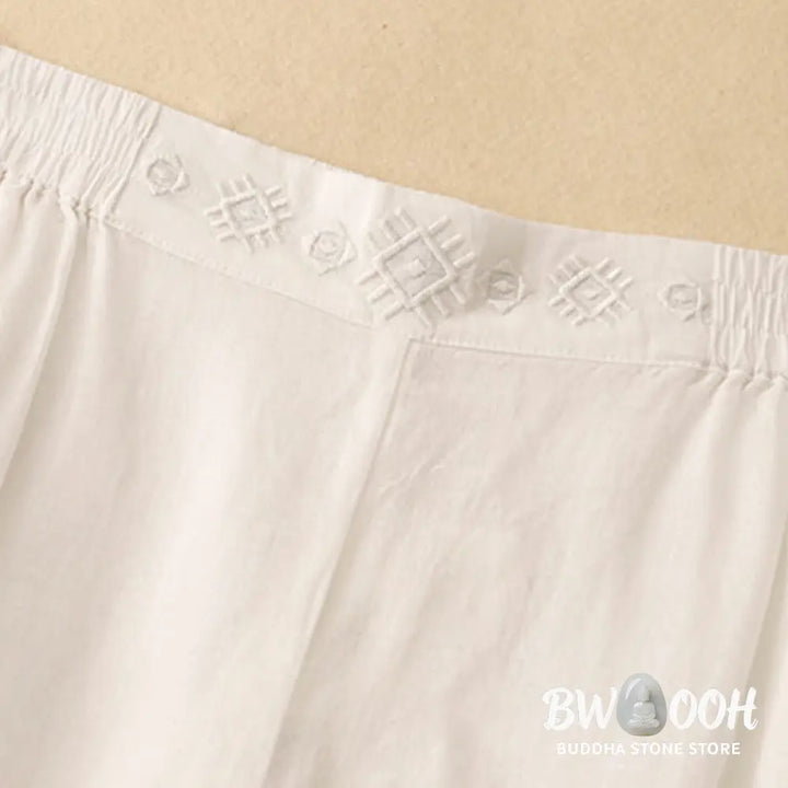 Buddha Stones Geometric Embroidery Elastic Waist Women’s Cotton Linen Wide Leg Pants With Pockets - Women’s Wide Leg