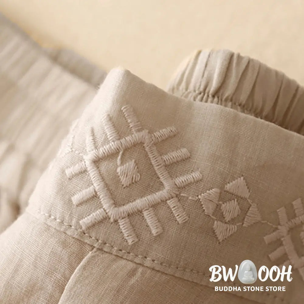 Buddha Stones Geometric Embroidery Elastic Waist Women’s Cotton Linen Wide Leg Pants With Pockets - Women’s Wide Leg