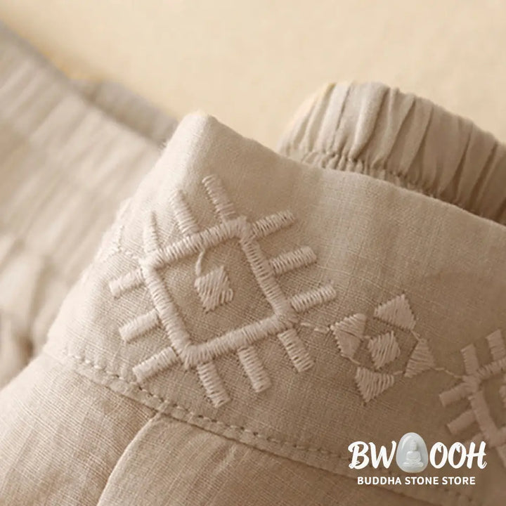 Buddha Stones Geometric Embroidery Elastic Waist Women’s Cotton Linen Wide Leg Pants With Pockets - Women’s Wide Leg