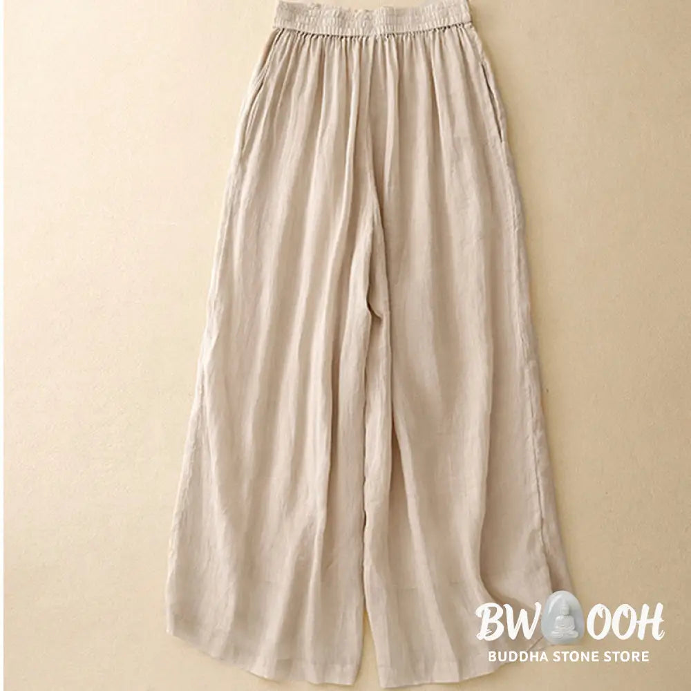 Buddha Stones Geometric Embroidery Elastic Waist Women’s Cotton Linen Wide Leg Pants With Pockets - Women’s Wide Leg