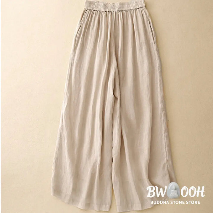 Buddha Stones Geometric Embroidery Elastic Waist Women’s Cotton Linen Wide Leg Pants With Pockets - Women’s Wide Leg
