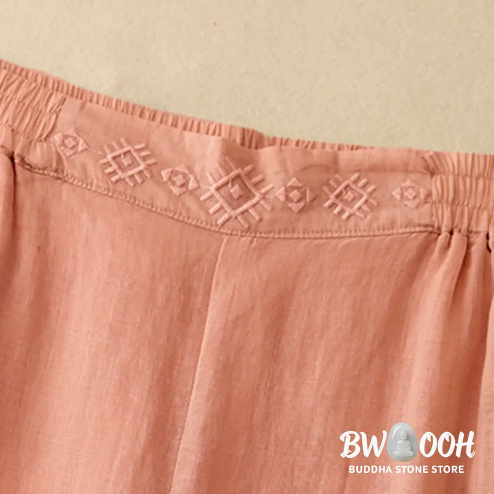 Buddha Stones Geometric Embroidery Elastic Waist Women’s Cotton Linen Wide Leg Pants With Pockets - Women’s Wide Leg