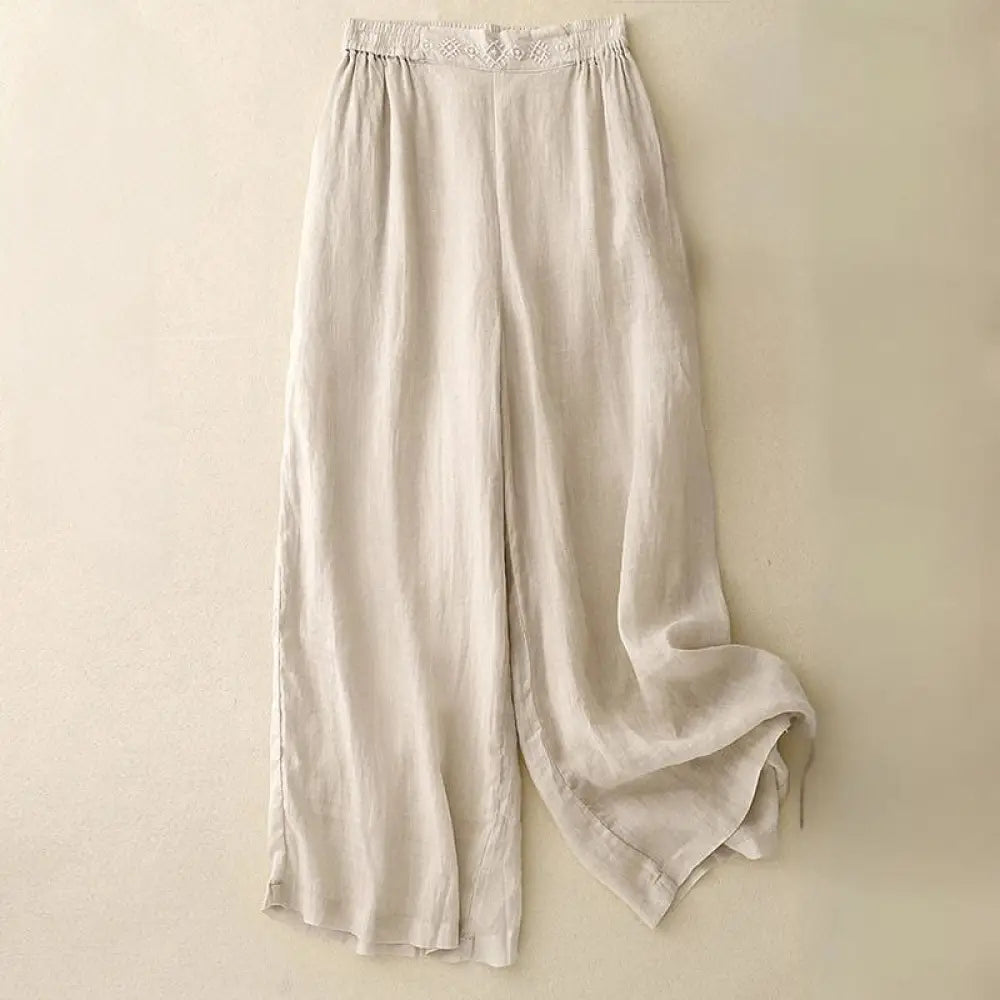 Buddha Stones Geometric Embroidery Elastic Waist Women’s Cotton Linen Wide Leg Pants With Pockets - Beige