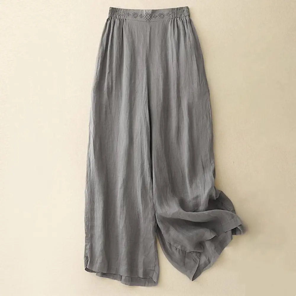 Buddha Stones Geometric Embroidery Elastic Waist Women’s Cotton Linen Wide Leg Pants With Pockets - Gray