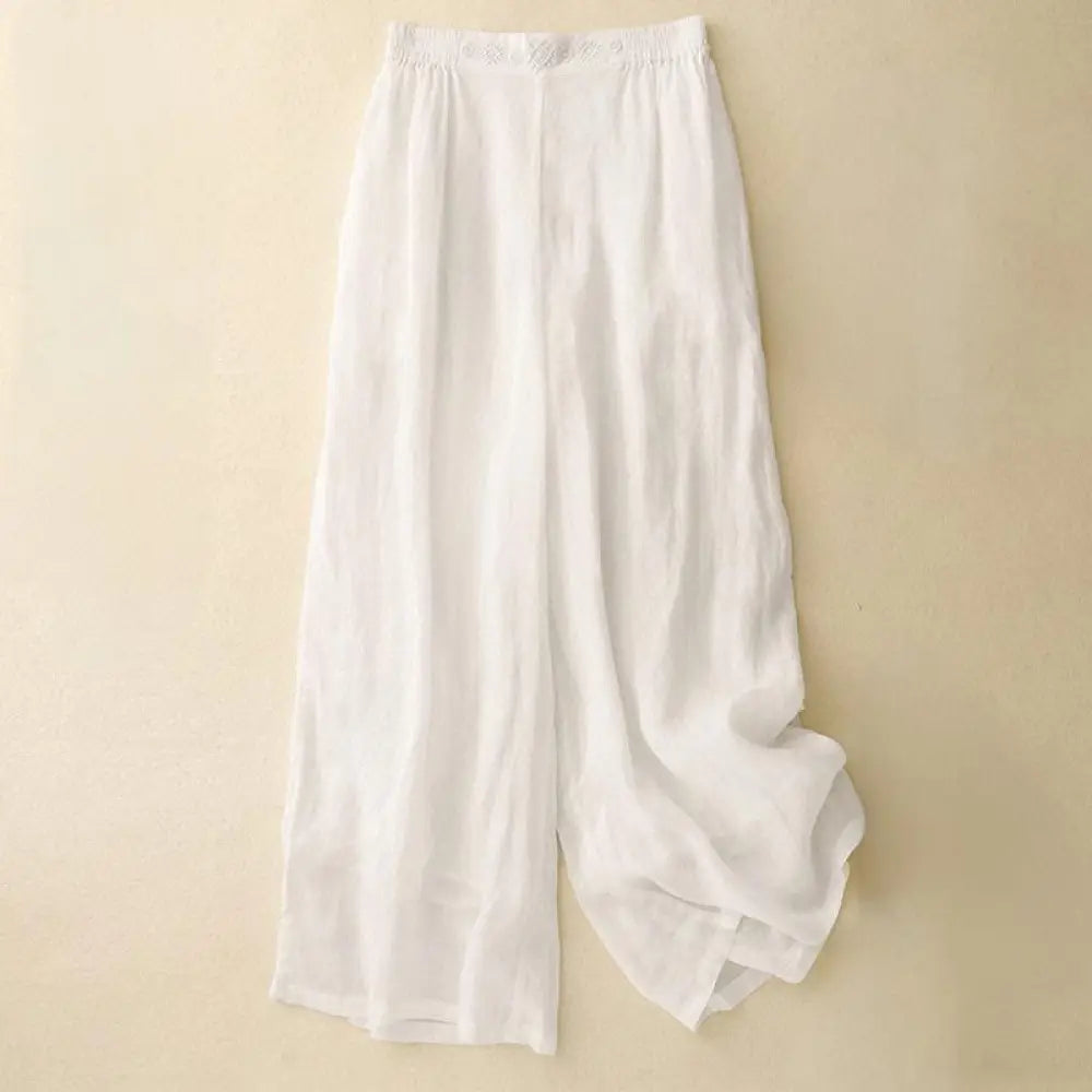 Buddha Stones Geometric Embroidery Elastic Waist Women’s Cotton Linen Wide Leg Pants With Pockets - White