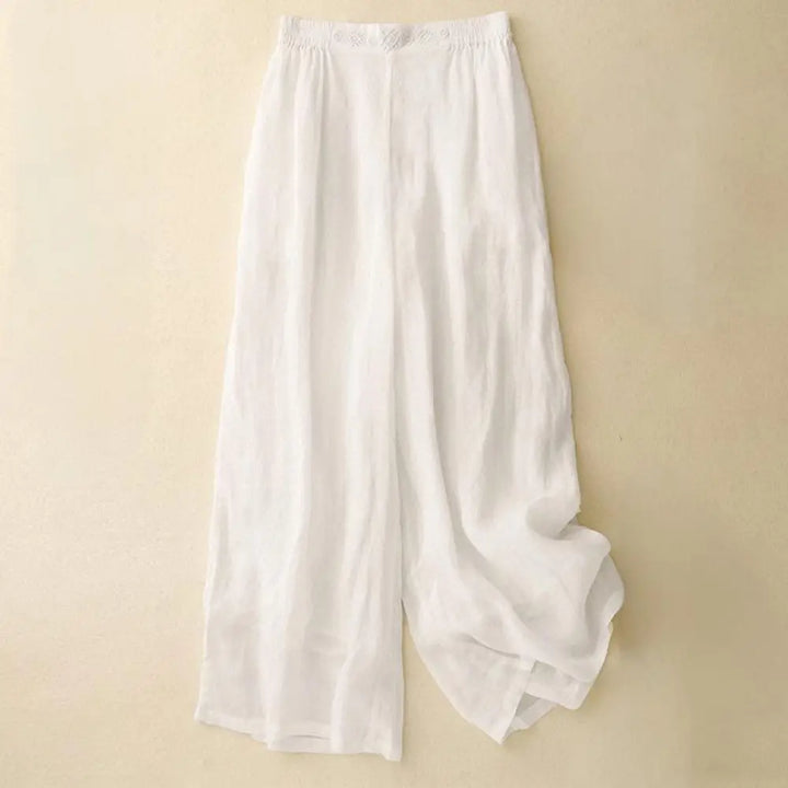 Buddha Stones Geometric Embroidery Elastic Waist Women’s Cotton Linen Wide Leg Pants With Pockets - White