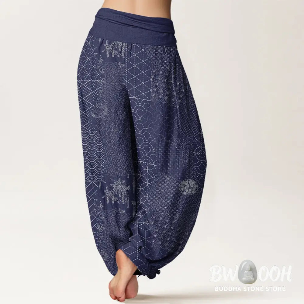 Buddha Stones Geometric Pattern Women’s Elastic Waist Harem Pure Cotton Printed Pants - Women’s Harem Pants