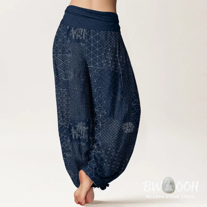 Buddha Stones Geometric Pattern Women’s Elastic Waist Harem Pure Cotton Printed Pants - Women’s Harem Pants