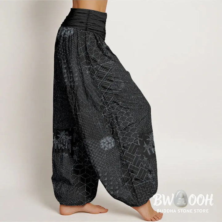 Buddha Stones Geometric Pattern Women’s Elastic Waist Harem Pure Cotton Printed Pants - Women’s Harem Pants