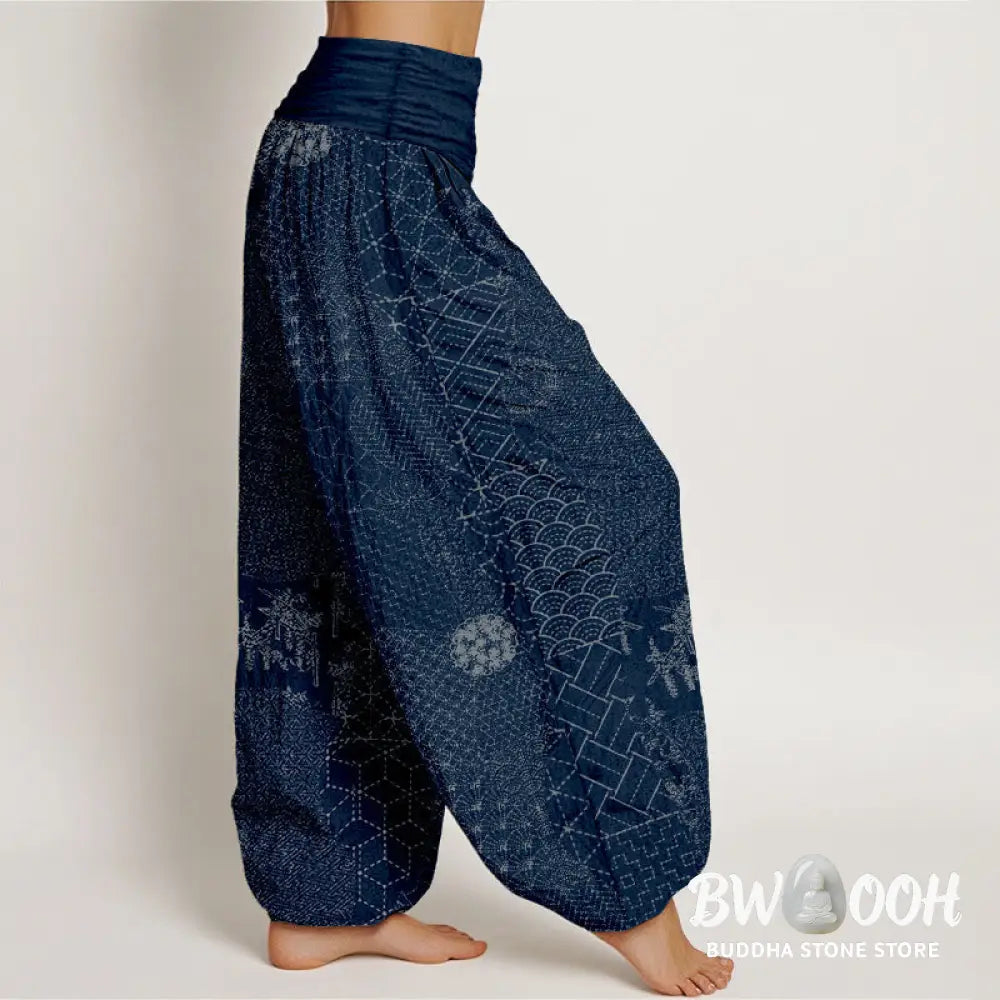 Buddha Stones Geometric Pattern Women’s Elastic Waist Harem Pure Cotton Printed Pants - Women’s Harem Pants