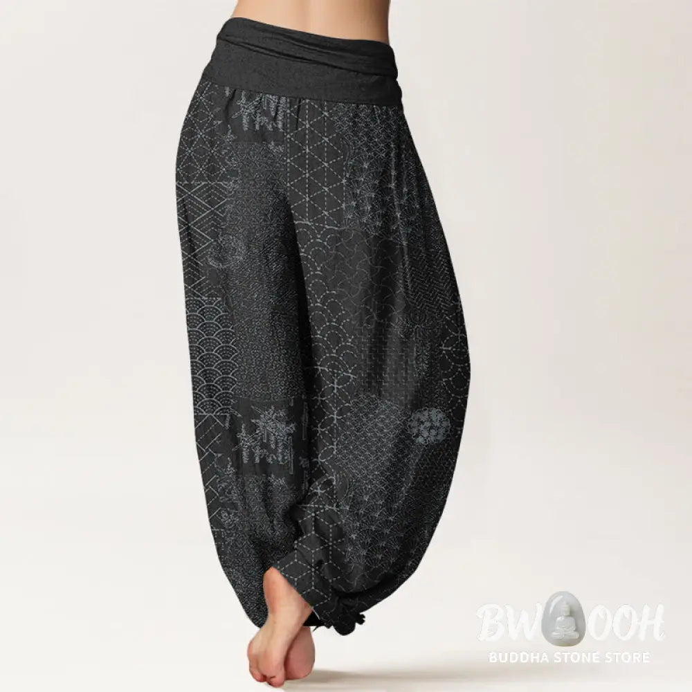 Buddha Stones Geometric Pattern Women’s Elastic Waist Harem Pure Cotton Printed Pants - Women’s Harem Pants