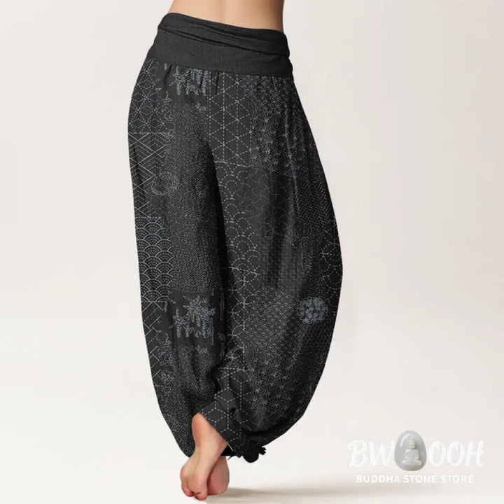 Buddha Stones Geometric Pattern Women’s Elastic Waist Harem Pure Cotton Printed Pants - Women’s Harem Pants