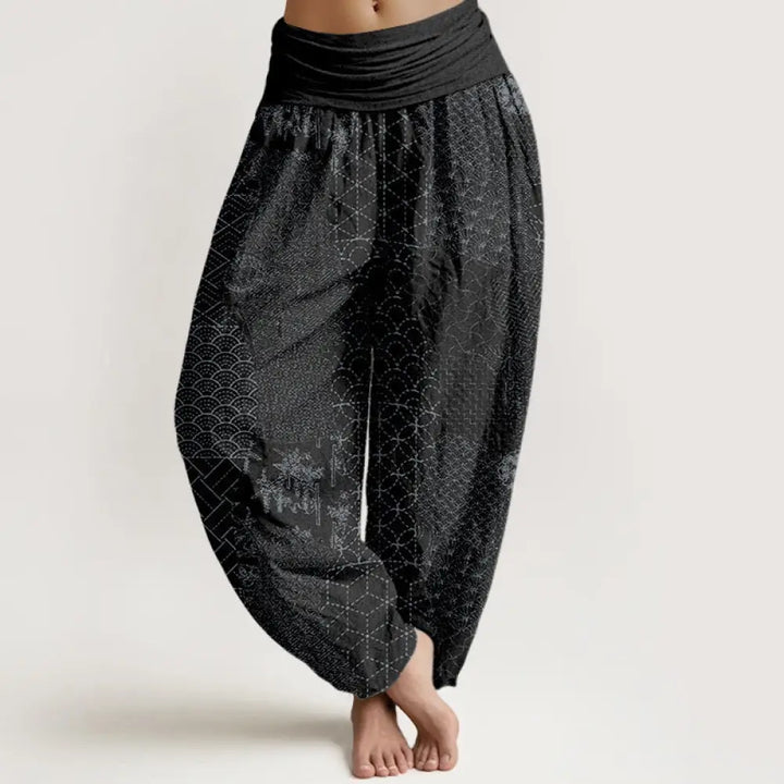 Buddha Stones Geometric Pattern Women’s Elastic Waist Harem Pure Cotton Printed Pants - Black / US2，UK/AU6，EU34 (XS)