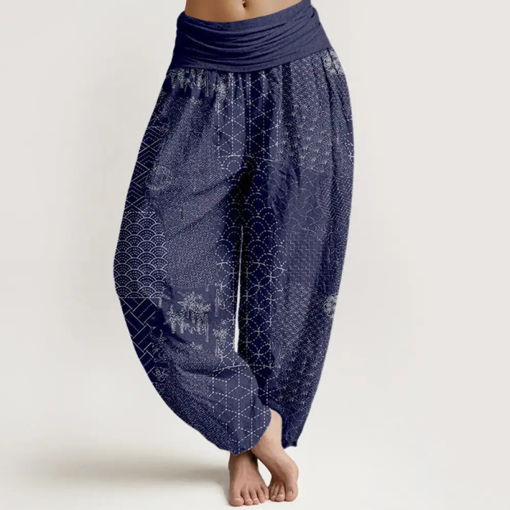 Buddha Stones Geometric Pattern Women’s Elastic Waist Harem Pure Cotton Printed Pants - Indigo / US2，UK/AU6，EU34 (XS)