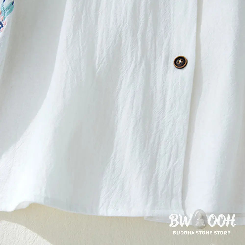 Buddha Stones Geometry Embroidery Long Sleeve Button Cotton Linen Women’s Shirts - Women’s Shirts