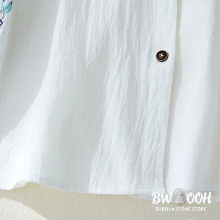 Buddha Stones Geometry Embroidery Long Sleeve Button Cotton Linen Women’s Shirts - Women’s Shirts