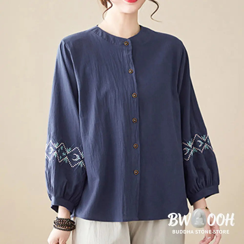 Buddha Stones Geometry Embroidery Long Sleeve Button Cotton Linen Women’s Shirts - Women’s Shirts