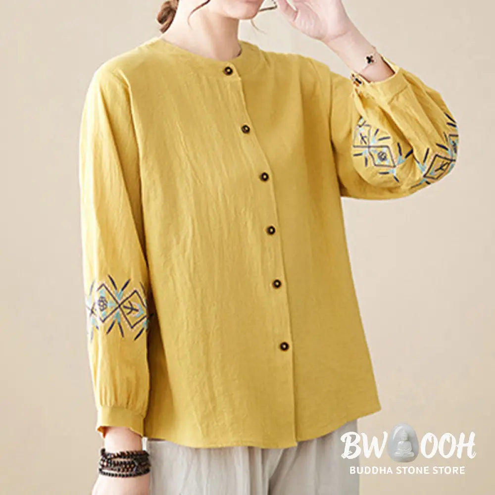 Buddha Stones Geometry Embroidery Long Sleeve Button Cotton Linen Women’s Shirts - Women’s Shirts