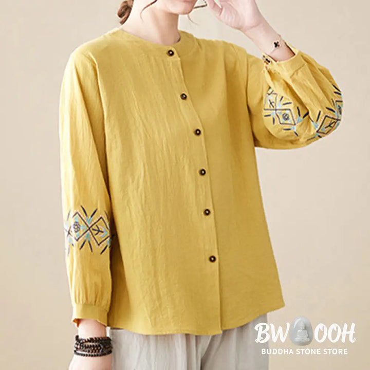 Buddha Stones Geometry Embroidery Long Sleeve Button Cotton Linen Women’s Shirts - Women’s Shirts