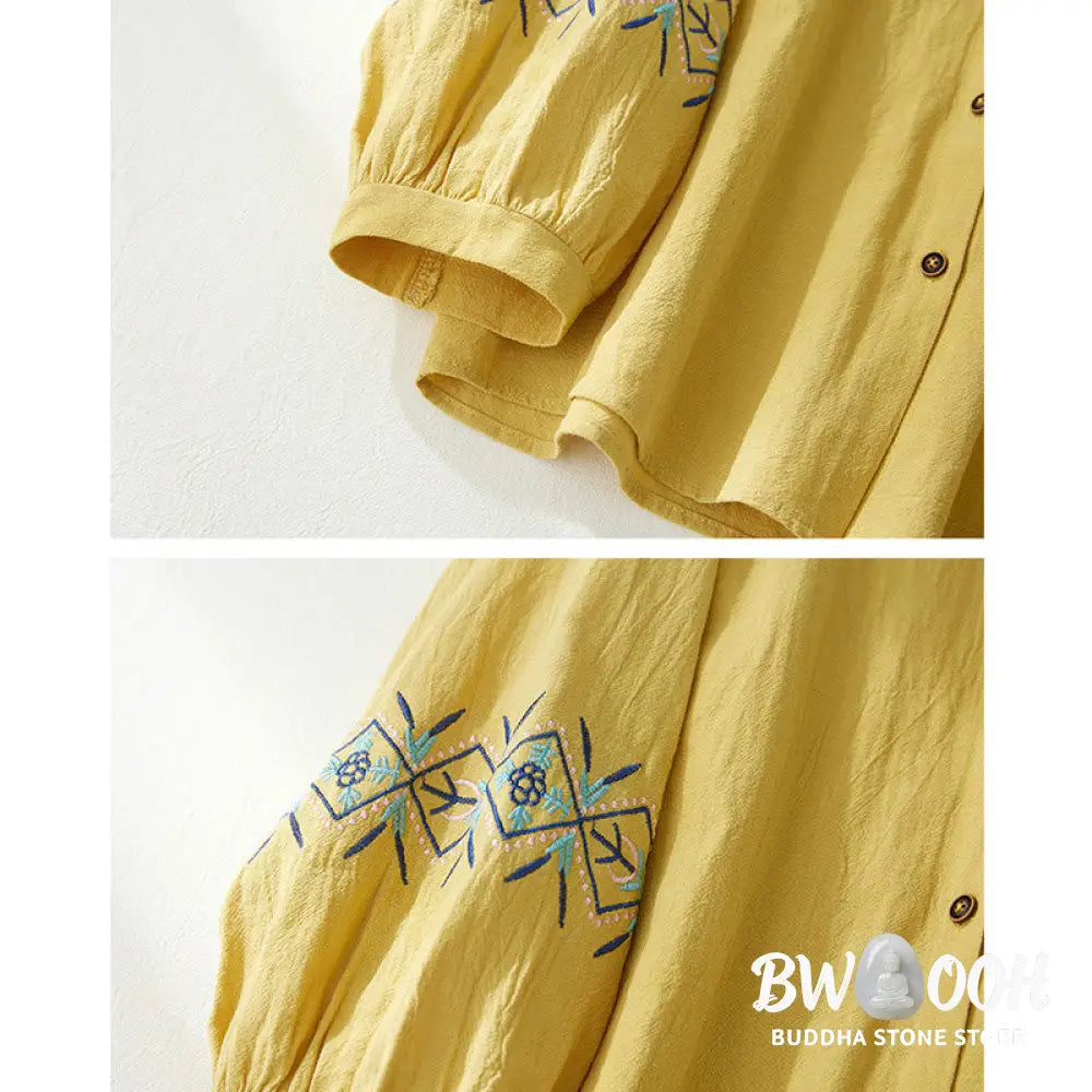 Buddha Stones Geometry Embroidery Long Sleeve Button Cotton Linen Women’s Shirts - Women’s Shirts