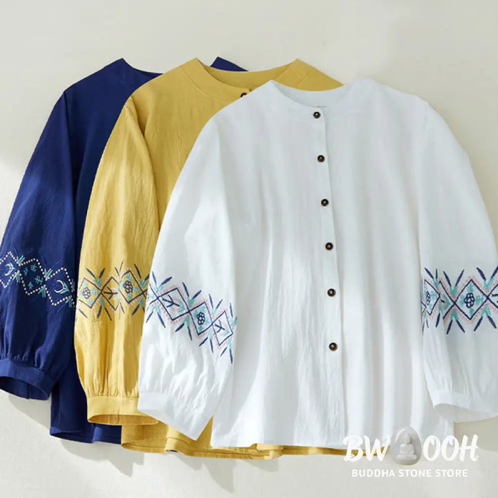 Buddha Stones Geometry Embroidery Long Sleeve Button Cotton Linen Women’s Shirts - Women’s Shirts