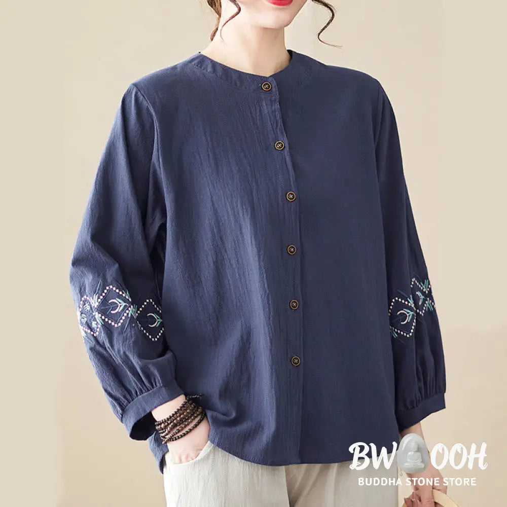 Buddha Stones Geometry Embroidery Long Sleeve Button Cotton Linen Women’s Shirts - Women’s Shirts
