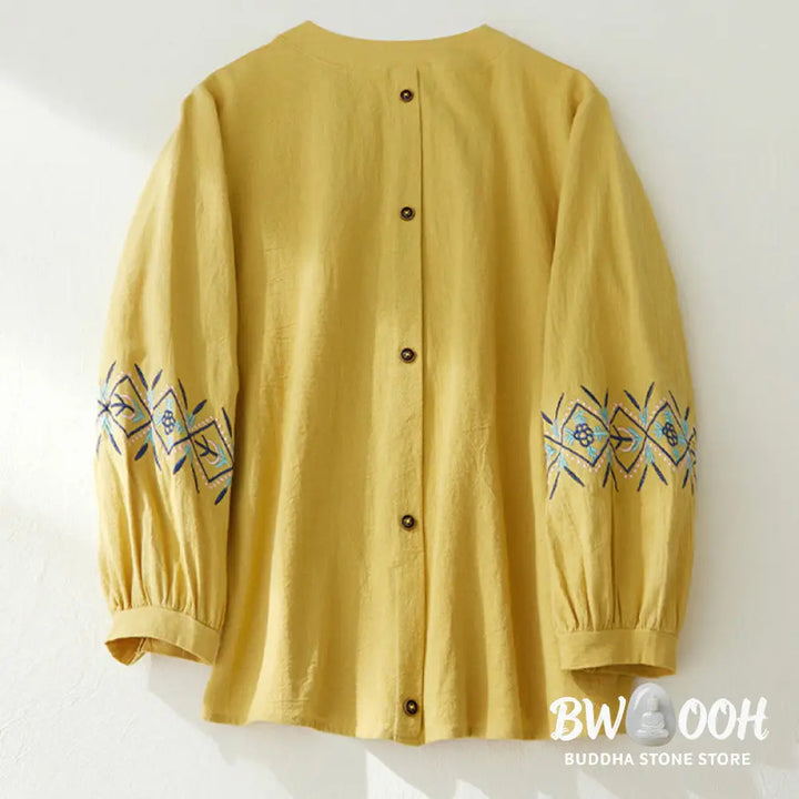 Buddha Stones Geometry Embroidery Long Sleeve Button Cotton Linen Women’s Shirts - Women’s Shirts