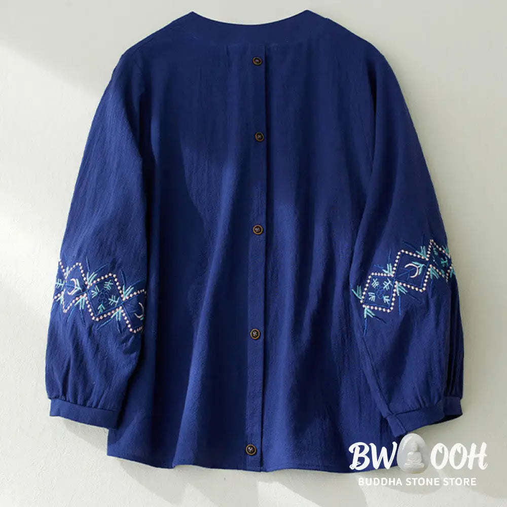 Buddha Stones Geometry Embroidery Long Sleeve Button Cotton Linen Women’s Shirts - Women’s Shirts