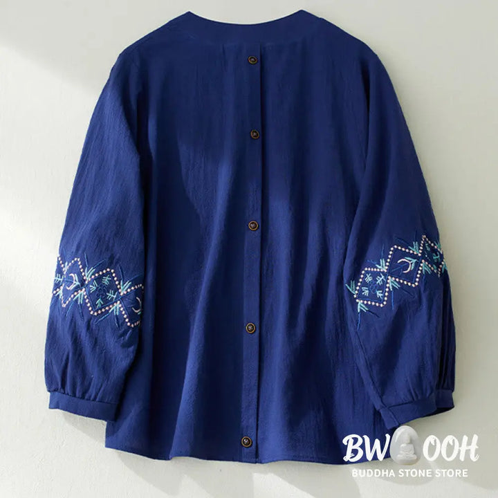 Buddha Stones Geometry Embroidery Long Sleeve Button Cotton Linen Women’s Shirts - Women’s Shirts