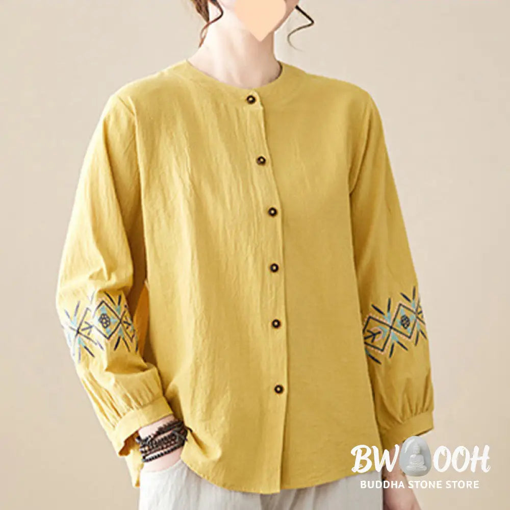 Buddha Stones Geometry Embroidery Long Sleeve Button Cotton Linen Women’s Shirts - Women’s Shirts