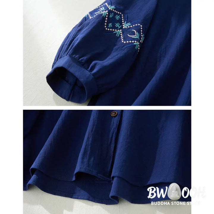 Buddha Stones Geometry Embroidery Long Sleeve Button Cotton Linen Women’s Shirts - Women’s Shirts