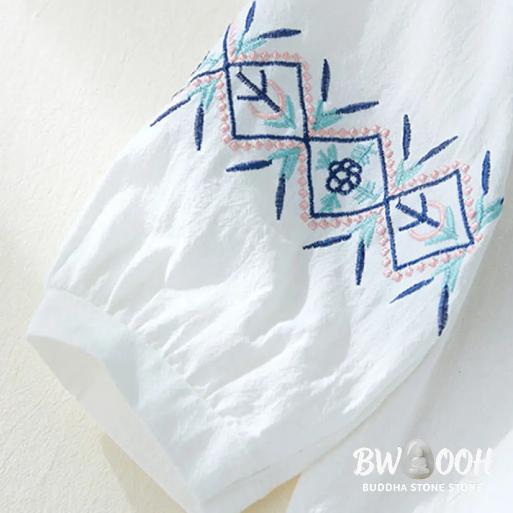 Buddha Stones Geometry Embroidery Long Sleeve Button Cotton Linen Women’s Shirts - Women’s Shirts
