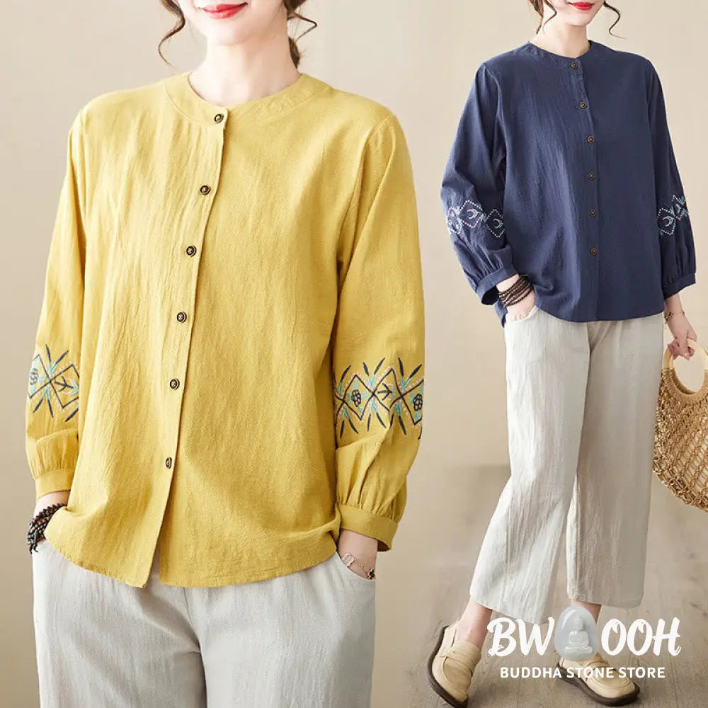 Buddha Stones Geometry Embroidery Long Sleeve Button Cotton Linen Women’s Shirts - Women’s Shirts