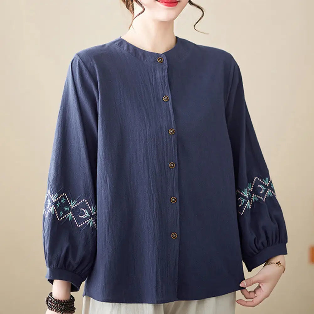 Buddha Stones Geometry Embroidery Long Sleeve Button Cotton Linen Women’s Shirts - Darkblue / US4，UK/AU8，EU36 (L)