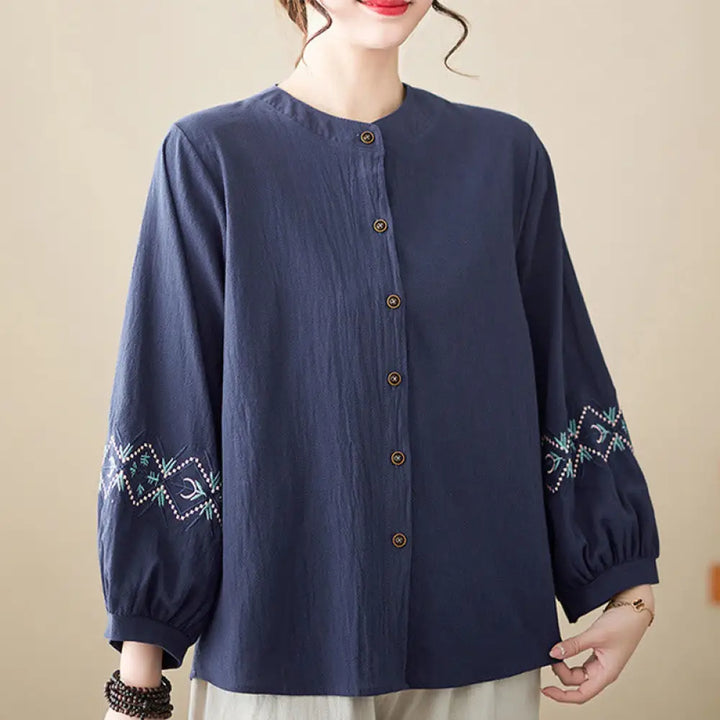 Buddha Stones Geometry Embroidery Long Sleeve Button Cotton Linen Women’s Shirts - Darkblue / US4，UK/AU8，EU36 (L)