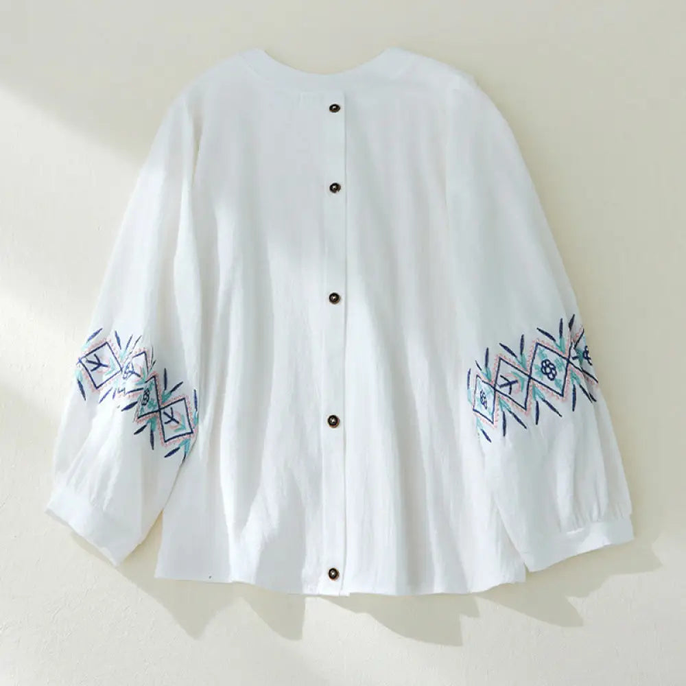 Buddha Stones Geometry Embroidery Long Sleeve Button Cotton Linen Women’s Shirts - White / US4，UK/AU8，EU36 (L)