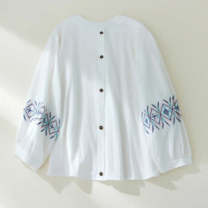 Buddha Stones Geometry Embroidery Long Sleeve Button Cotton Linen Women’s Shirts - White / US4，UK/AU8，EU36 (L)