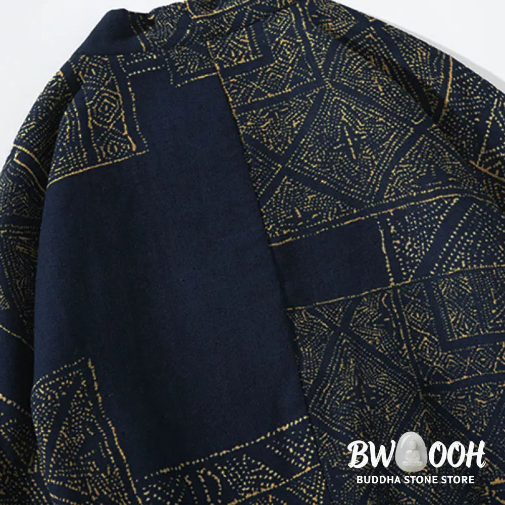 Buddha Stones Geometry Floral Stripes Butterfly Ink Open Front Half Sleeve Jacket Cotton Men’s Kimono - Men’s Kimono