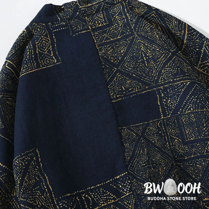 Buddha Stones Geometry Floral Stripes Butterfly Ink Open Front Half Sleeve Jacket Cotton Men’s Kimono - Men’s Kimono