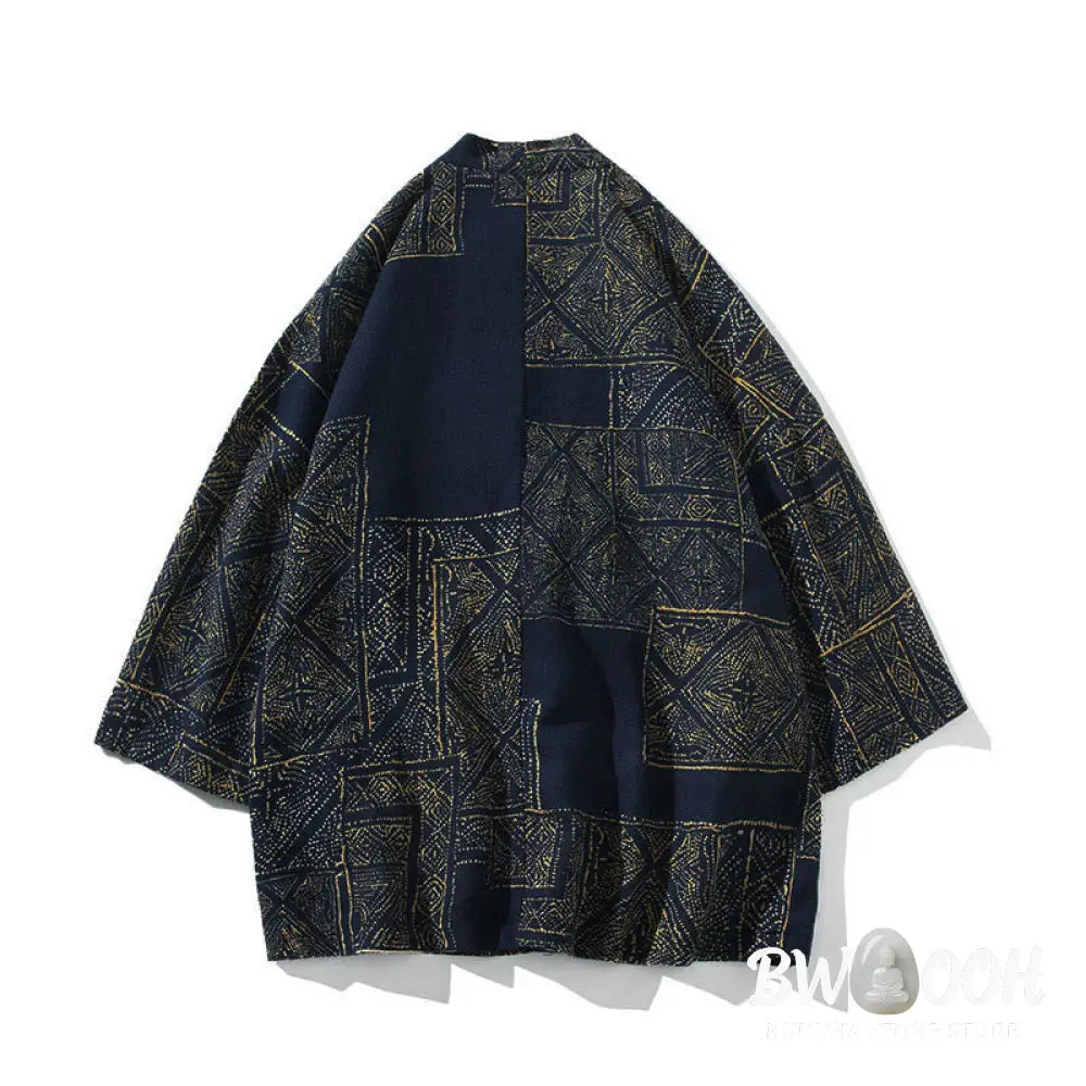 Buddha Stones Geometry Floral Stripes Butterfly Ink Open Front Half Sleeve Jacket Cotton Men’s Kimono - Men’s Kimono