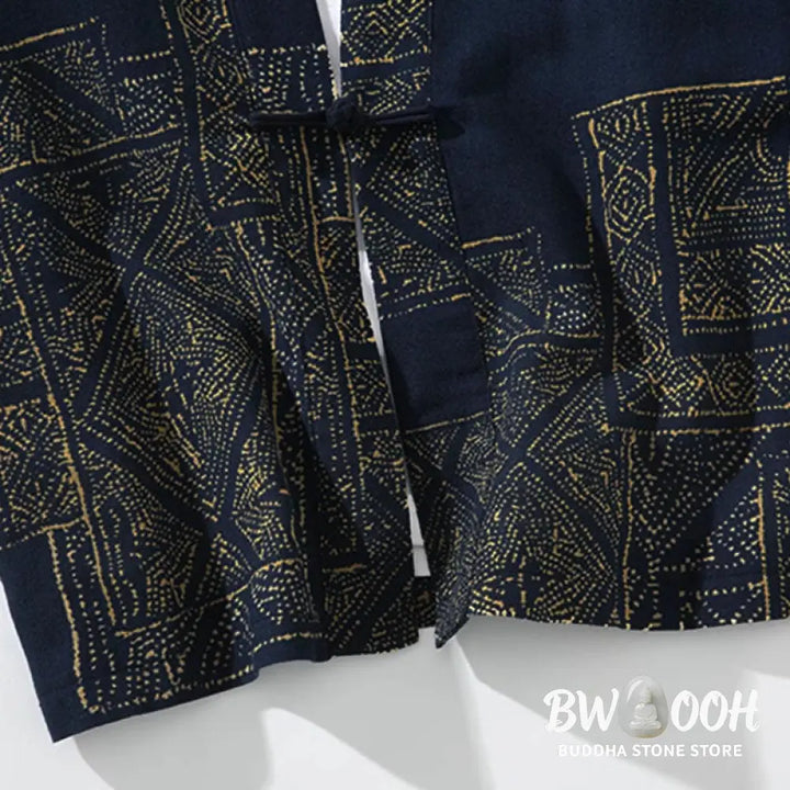 Buddha Stones Geometry Floral Stripes Butterfly Ink Open Front Half Sleeve Jacket Cotton Men’s Kimono - Men’s Kimono