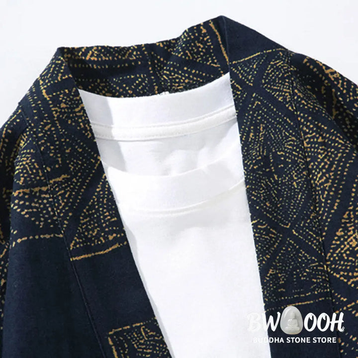 Buddha Stones Geometry Floral Stripes Butterfly Ink Open Front Half Sleeve Jacket Cotton Men’s Kimono - Men’s Kimono
