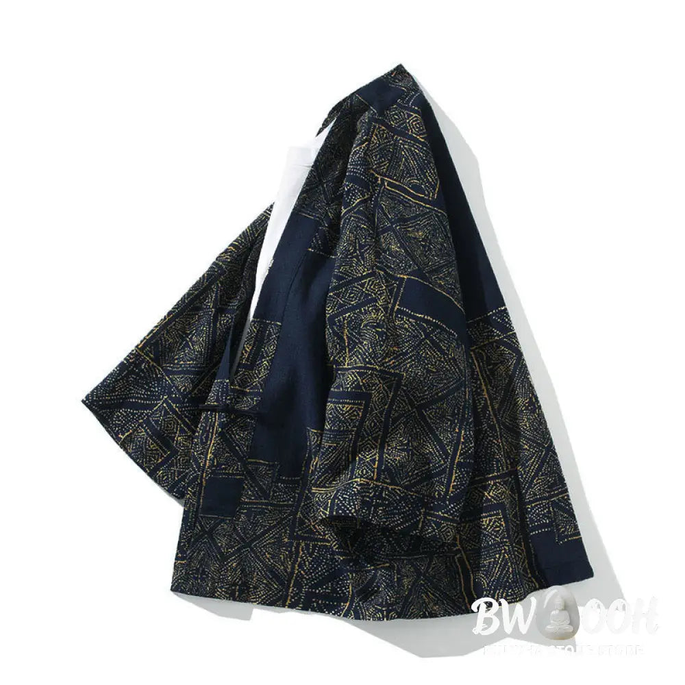 Buddha Stones Geometry Floral Stripes Butterfly Ink Open Front Half Sleeve Jacket Cotton Men’s Kimono - Men’s Kimono