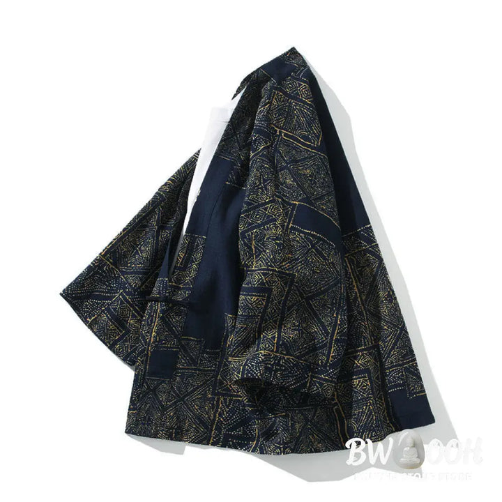 Buddha Stones Geometry Floral Stripes Butterfly Ink Open Front Half Sleeve Jacket Cotton Men’s Kimono - Men’s Kimono