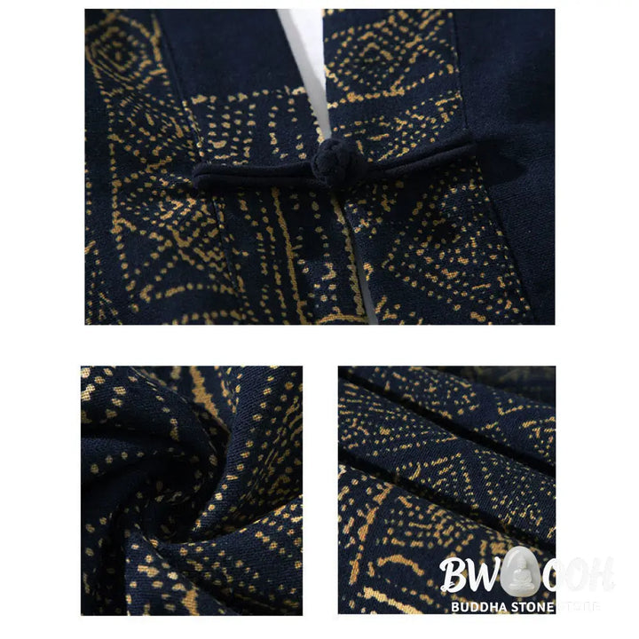 Buddha Stones Geometry Floral Stripes Butterfly Ink Open Front Half Sleeve Jacket Cotton Men’s Kimono - Men’s Kimono