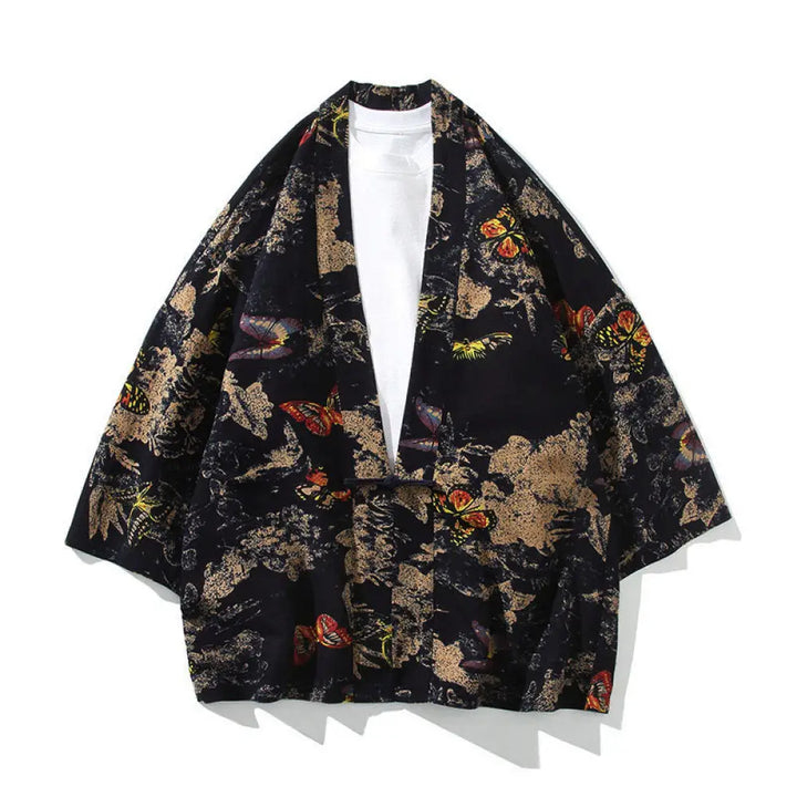 Buddha Stones Geometry Floral Stripes Butterfly Ink Open Front Half Sleeve Jacket Cotton Men’s Kimono - Butterfly Black