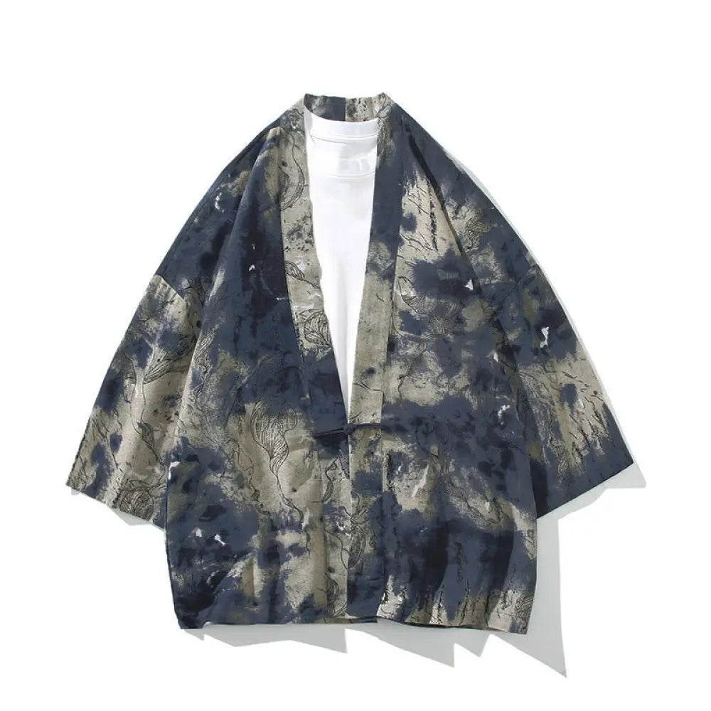 Buddha Stones Geometry Floral Stripes Butterfly Ink Open Front Half Sleeve Jacket Cotton Men’s Kimono - Ink Blue Beige
