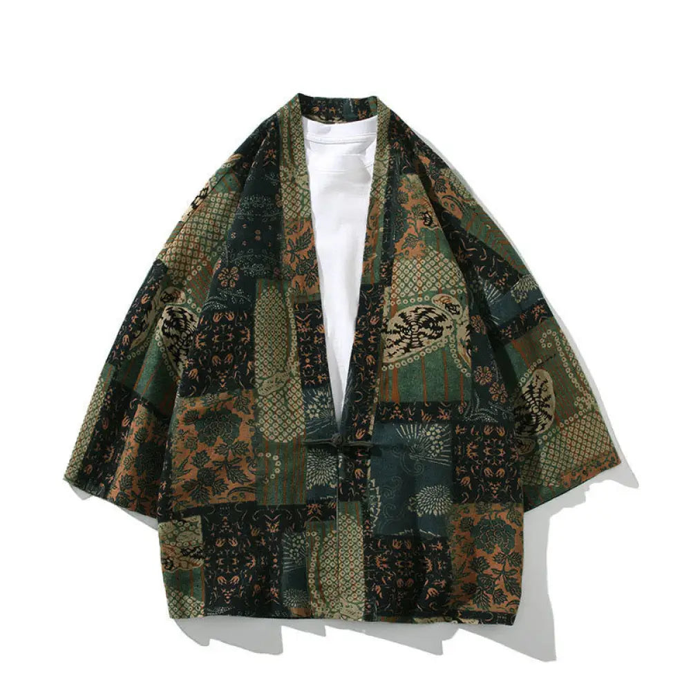 Buddha Stones Geometry Floral Stripes Butterfly Ink Open Front Half Sleeve Jacket Cotton Men’s Kimono - Floral Green