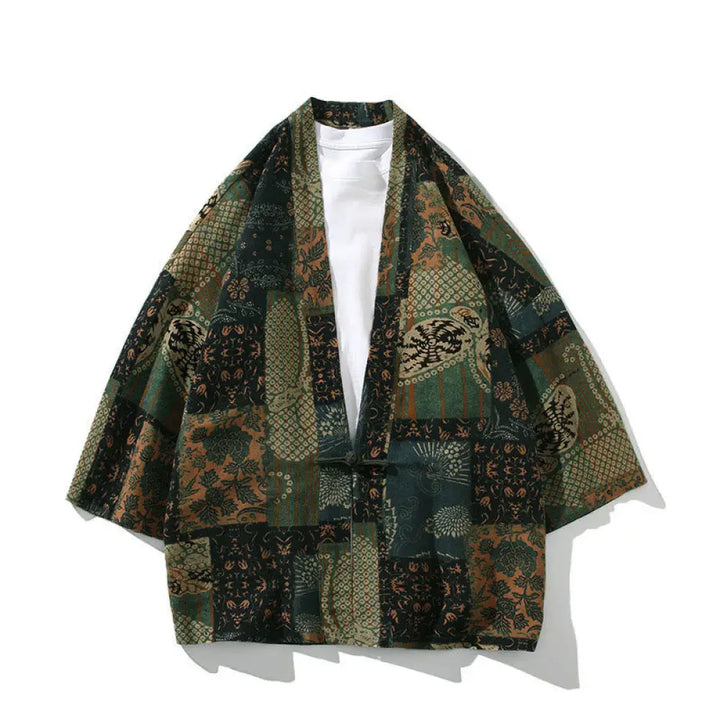Buddha Stones Geometry Floral Stripes Butterfly Ink Open Front Half Sleeve Jacket Cotton Men’s Kimono - Floral Green
